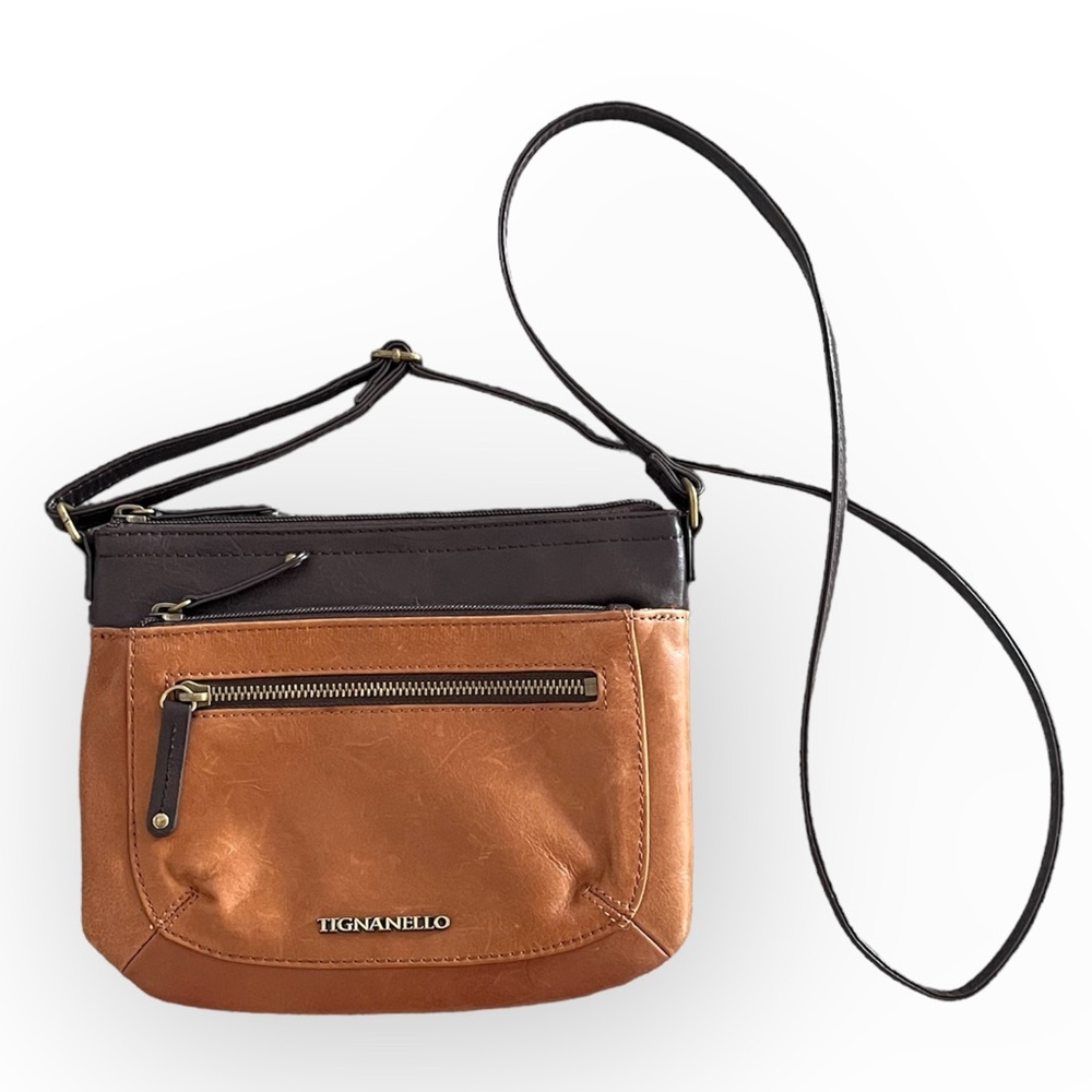 Tignanello Small Brown Leather Crossbody Purse w Gold Hardware